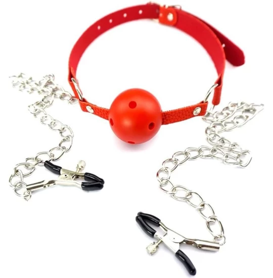 Accesoriu fetish Gag and Nipple Clamps Red