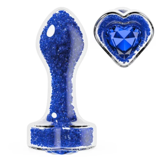 Dildo Glass Plug with Heart Gem Bleu