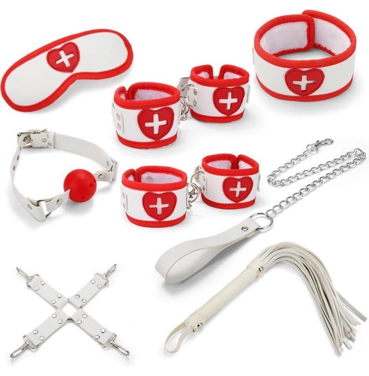 Set bondage Nurse Passion 8pcs Alb/Rosu